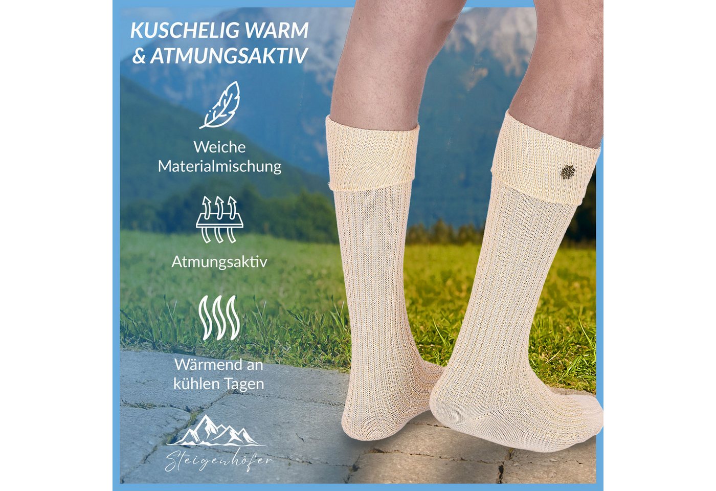 Steigenhöfer Manufaktur Trachtensocken mit Edelweißanstecker und Zopfmuster - Socken für Herren und Damen Bayerische Trachtenstrümpfe aus Baumwolle für dein Okt – Bild 4 von 5