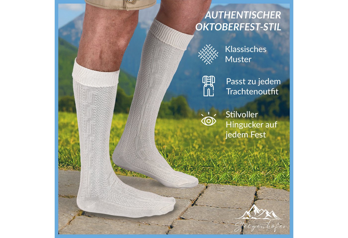 Steigenhöfer Manufaktur Trachtensocken mit Edelweißanstecker und Zopfmuster - Socken für Herren und Damen Bayerische Trachtenstrümpfe aus Baumwolle für dein Okt – Bild 2 von 5