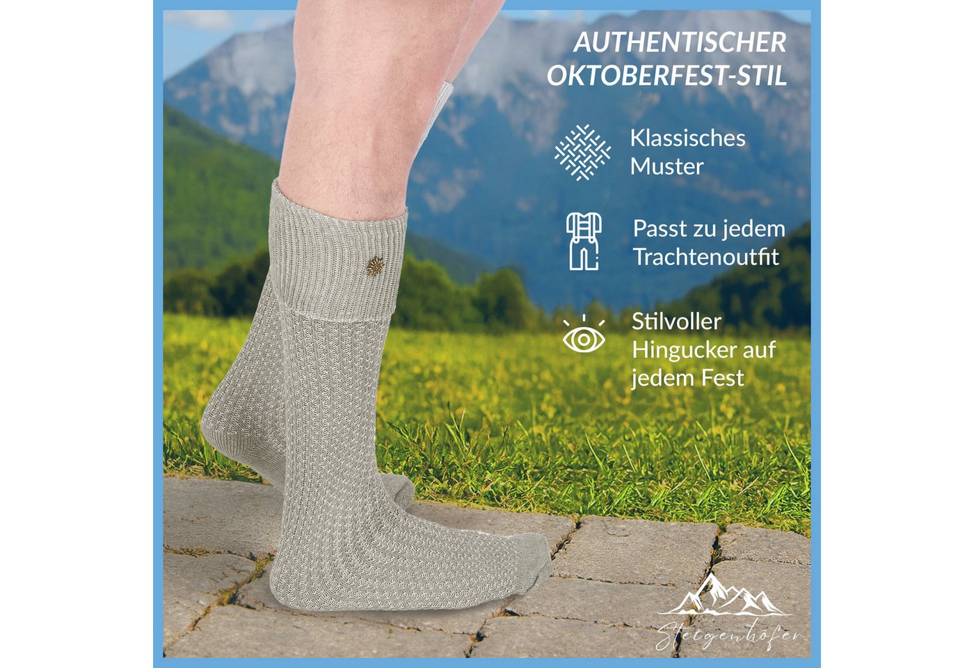 Steigenhöfer Manufaktur Trachtensocken mit Edelweißanstecker und Zopfmuster - Socken für Herren und Damen Bayerische Trachtenstrümpfe aus Baumwolle für dein Okt – Bild 2 von 5