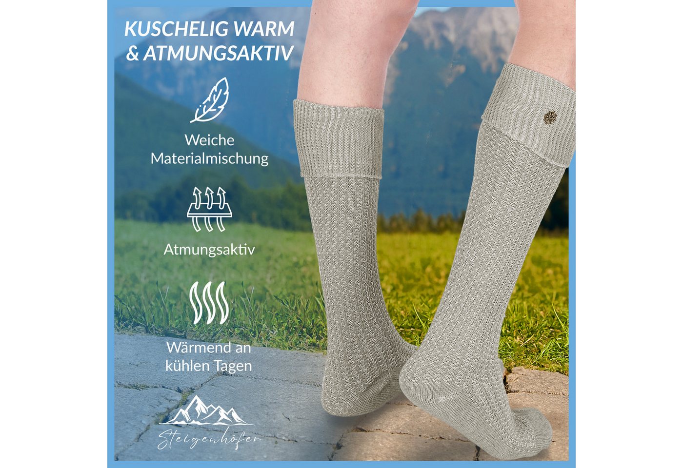 Steigenhöfer Manufaktur Trachtensocken mit Edelweißanstecker und Zopfmuster - Socken für Herren und Damen Bayerische Trachtenstrümpfe aus Baumwolle für dein Okt – Bild 4 von 5