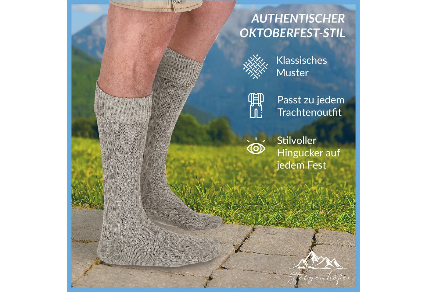 Steigenhöfer Manufaktur Trachtensocken mit Edelweißanstecker und Zopfmuster - Socken für Herren und Damen Bayerische Trachtenstrümpfe aus Baumwolle für dein Okt – Bild 2 von 5
