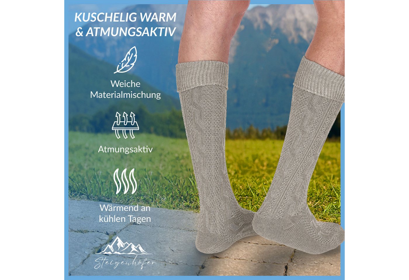 Steigenhöfer Manufaktur Trachtensocken mit Edelweißanstecker und Zopfmuster - Socken für Herren und Damen Bayerische Trachtenstrümpfe aus Baumwolle für dein Okt – Bild 4 von 5
