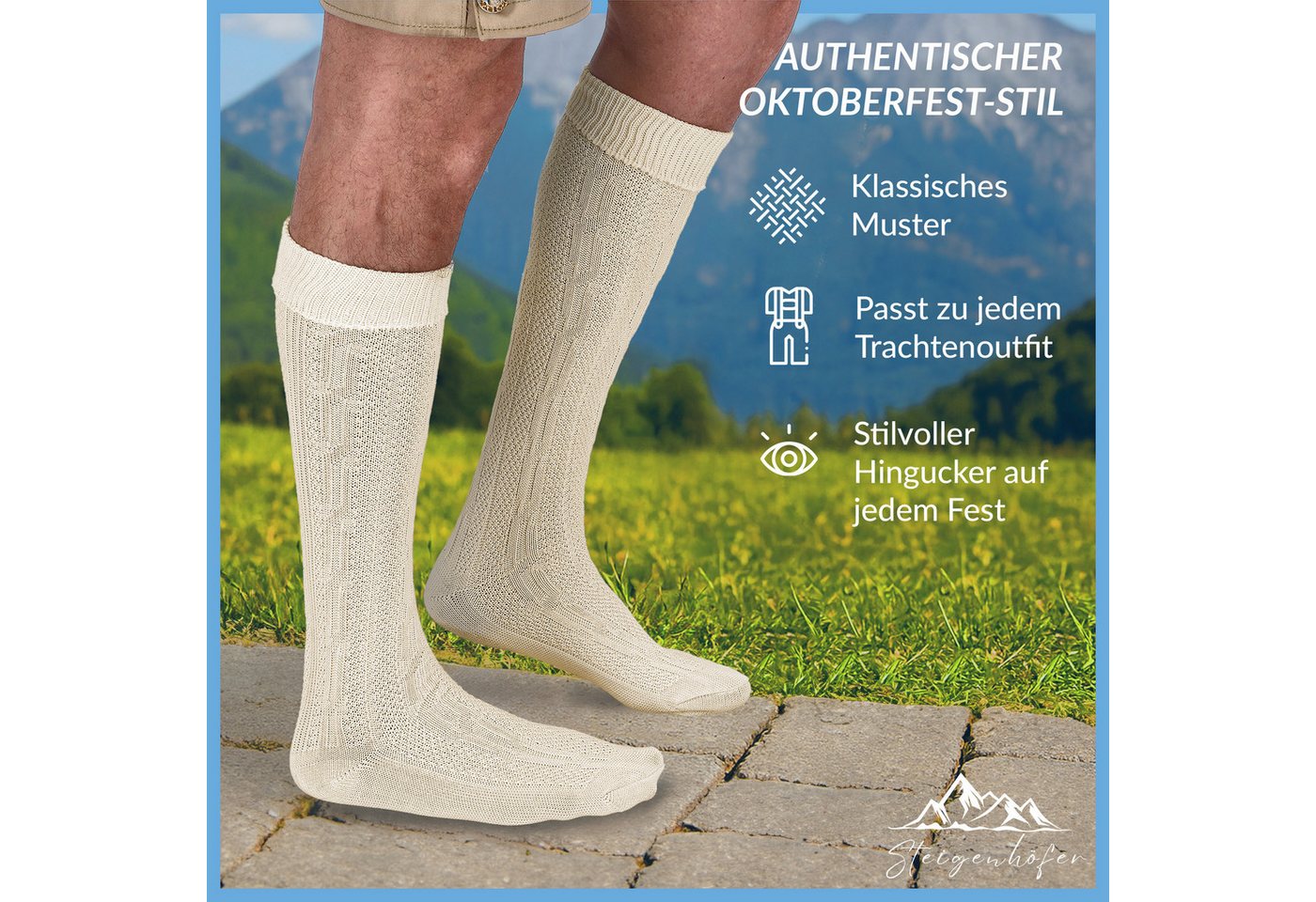 Steigenhöfer Manufaktur Trachtensocken mit Edelweißanstecker und Zopfmuster - Socken für Herren und Damen Bayerische Trachtenstrümpfe aus Baumwolle für dein Okt – Bild 2 von 5