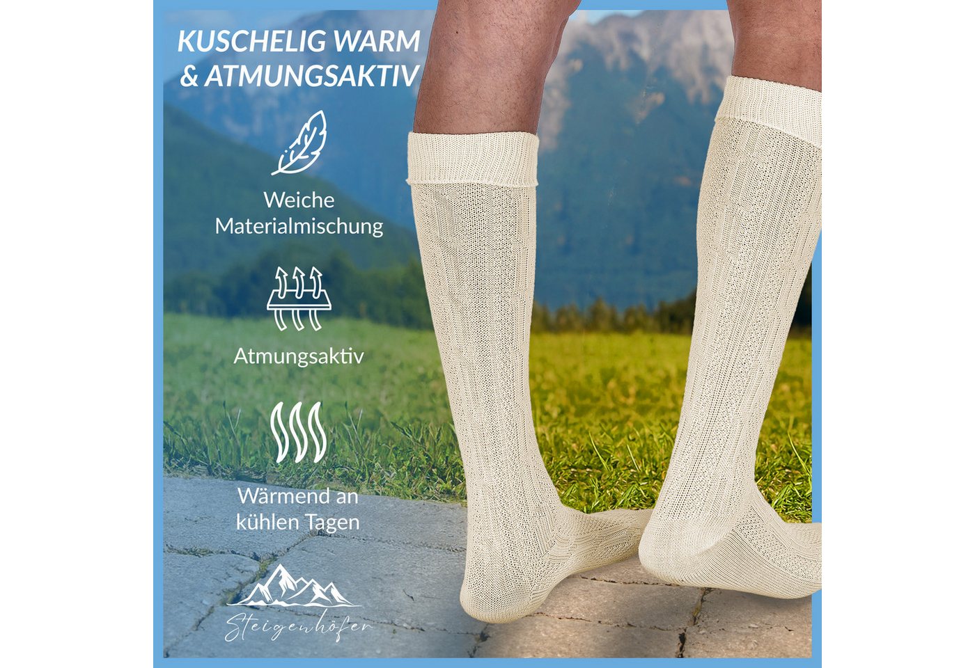 Steigenhöfer Manufaktur Trachtensocken mit Edelweißanstecker und Zopfmuster - Socken für Herren und Damen Bayerische Trachtenstrümpfe aus Baumwolle für dein Okt – Bild 4 von 5