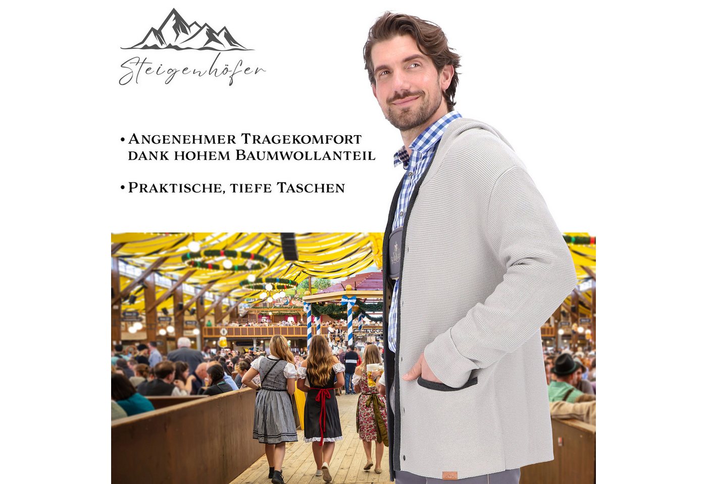 Steigenhöfer Manufaktur Trachtenstrickjacke Herren mit Kapuze - Cardigan - Strickjacke zum Oktoberfest Outfit Hornoptik Knöpfe - bequemer Tragekomfort - Traditi – Bild 3 von 5