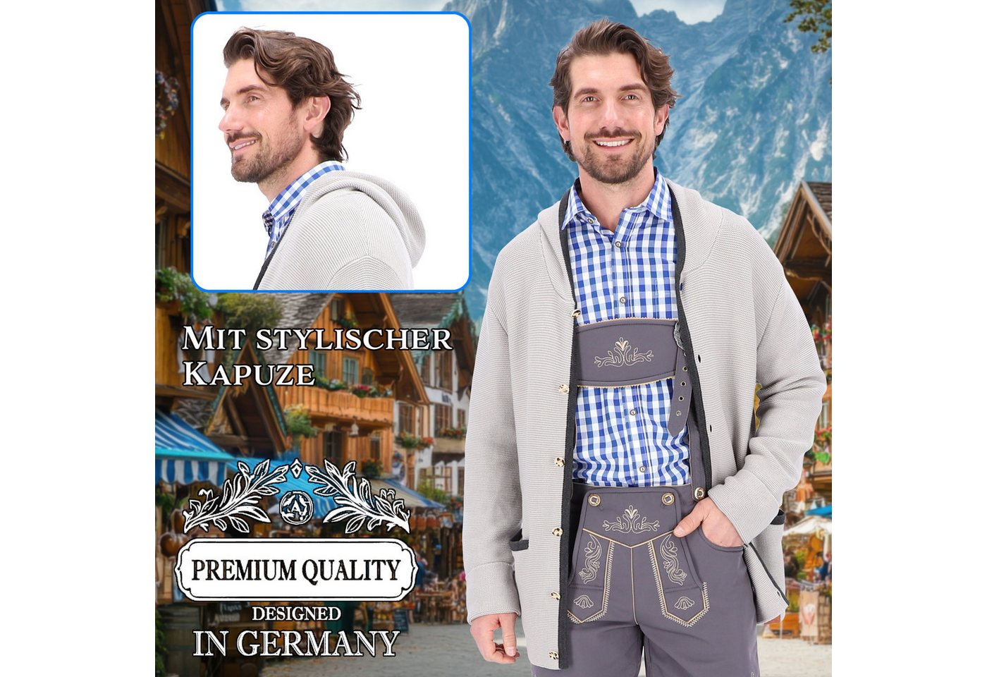 Steigenhöfer Manufaktur Trachtenstrickjacke Herren mit Kapuze - Cardigan - Strickjacke zum Oktoberfest Outfit Hornoptik Knöpfe - bequemer Tragekomfort - Traditi – Bild 4 von 5