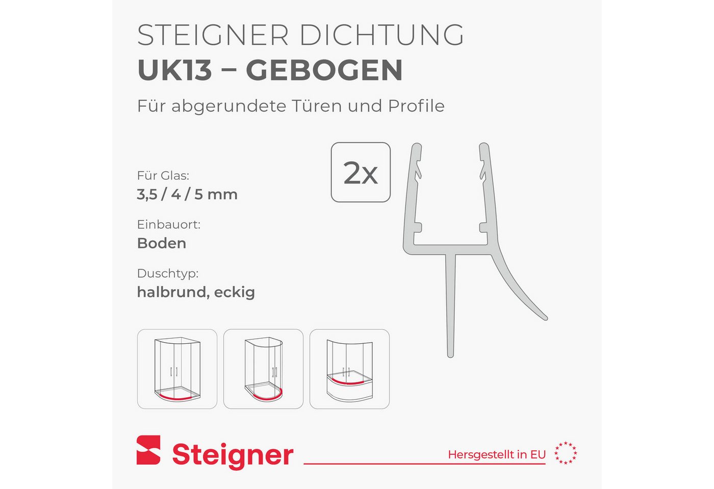 STEIGNER Duschdichtung 2er-Set Duschdichtung gebogen UK13 60cm (2 Stk) - Dusche 3,5-5mm, L: 60 cm, (1 Stück Packung, 2-St., Einzeldichtung), Dichtung für Runddu – Bild 2 von 5