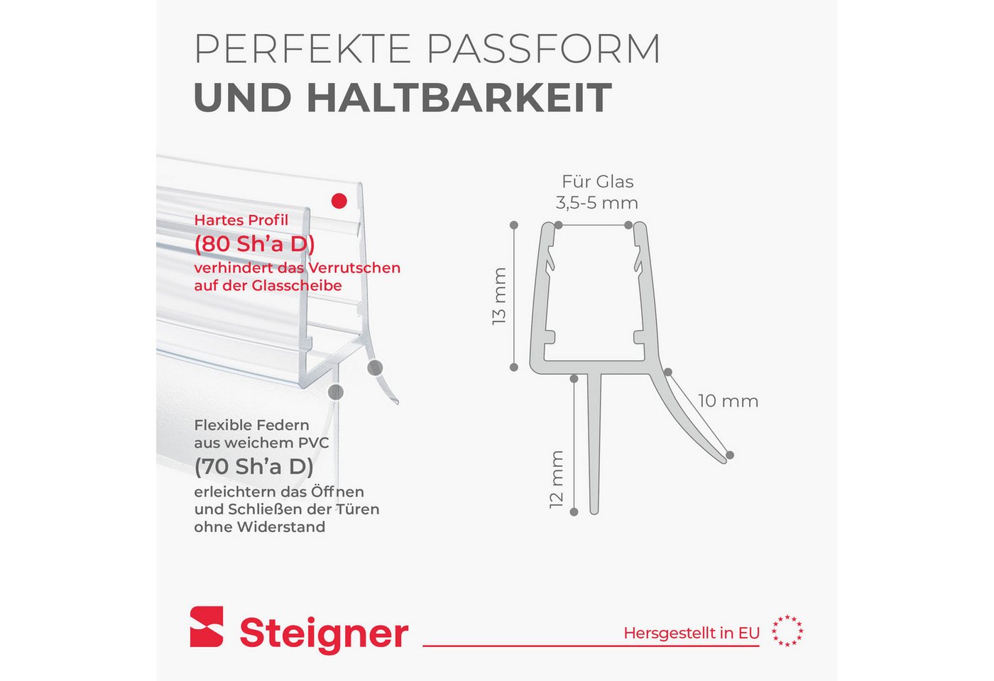 STEIGNER Duschdichtung 2er-Set Duschdichtung gebogen UK13 60cm (2 Stk) - Dusche 3,5-5mm, L: 60 cm, (1 Stück Packung, 2-St., Einzeldichtung), Dichtung für Runddu – Bild 5 von 5