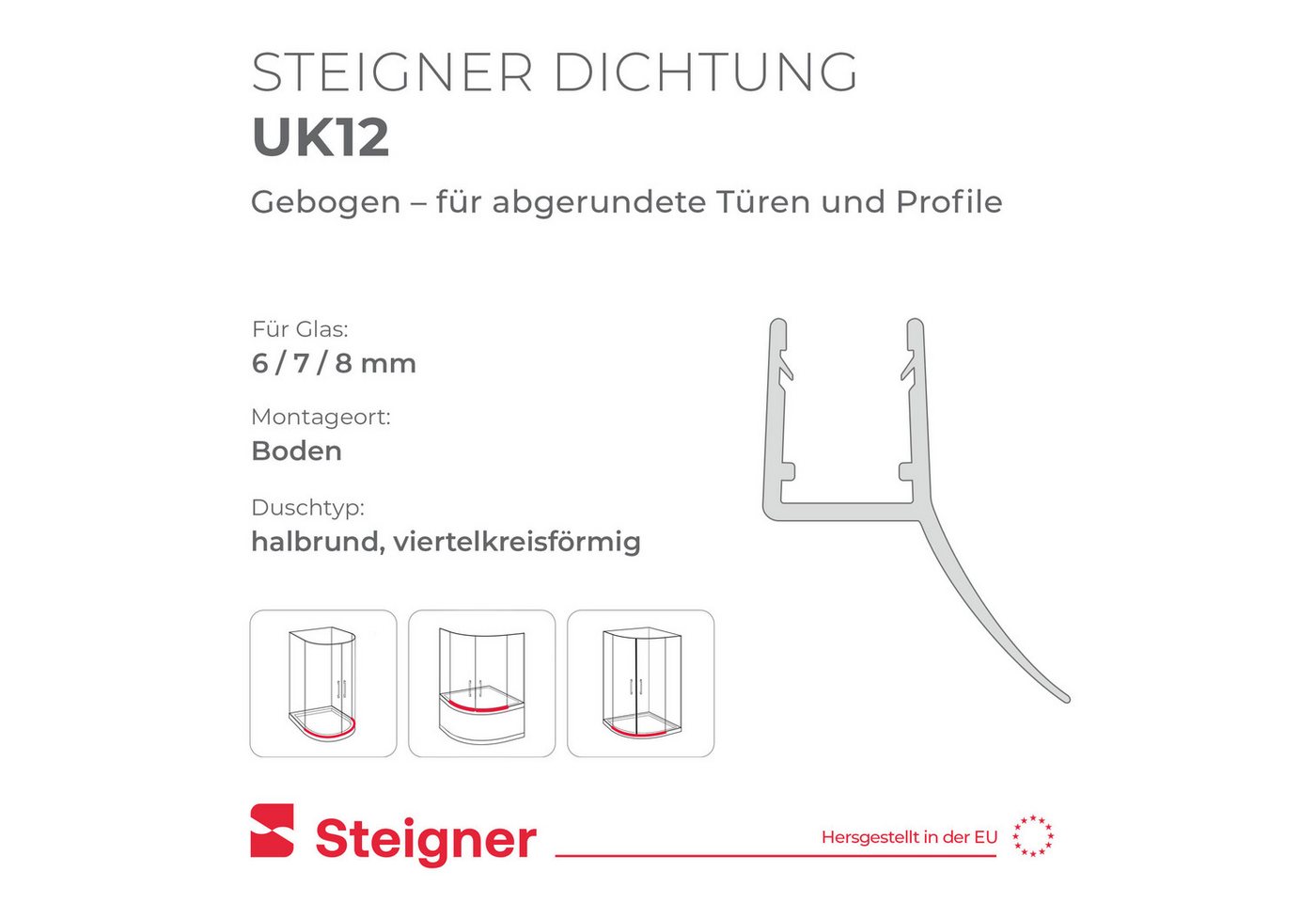 STEIGNER Duschdichtung Duschtürdichtung gebogen UK12 30 cm (1 Stk) Transparent 6-8 mm, L: 30 cm, (1 Stück Packung, Einzeldichtung), Dichtung für Runddusche oder – Bild 2 von 5