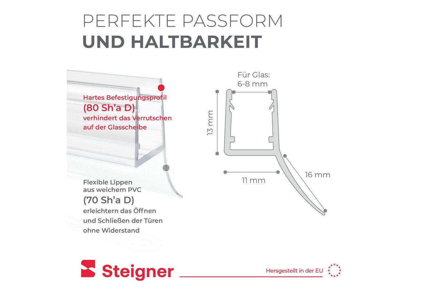 STEIGNER Duschdichtung Duschtürdichtung gebogen UK12 30 cm (1 Stk) Transparent 6-8 mm, L: 30 cm, (1 Stück Packung, Einzeldichtung), Dichtung für Runddusche oder – Bild 4 von 5