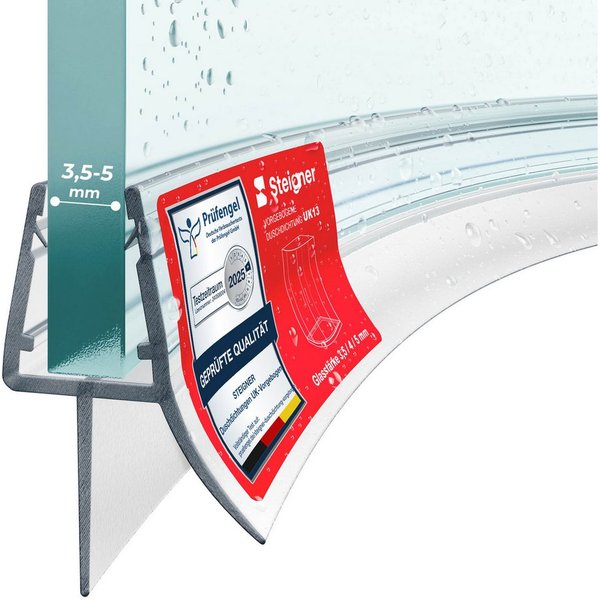 STEIGNER Duschdichtung Duschtürdichtung gebogen UK13 30 cm (1 Stk) Transparent 3,5-5 mm, L: 30 cm, (1 Stück Packung, Einzeldichtung), Duschdichtung Runddusche o