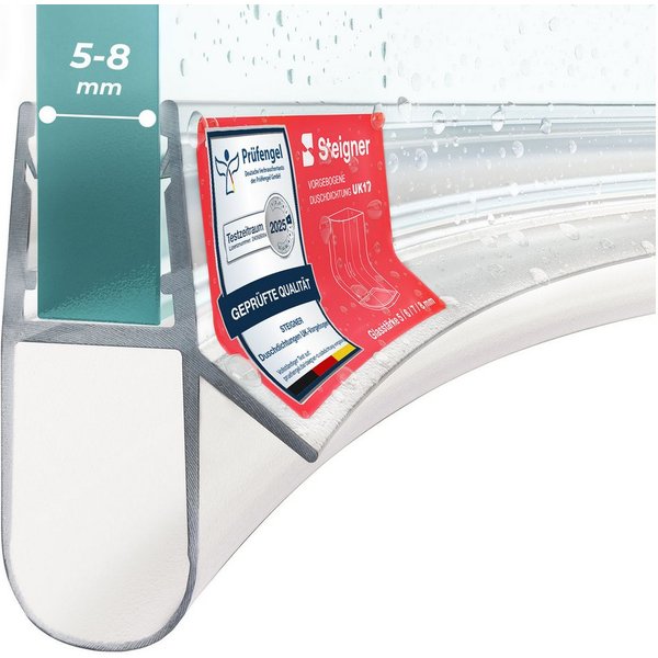 STEIGNER Duschdichtung Duschtürdichtung gebogen UK17 30 cm (1 Stk) Transparent 5-8 mm, L: 30 cm, (1 Stück Packung, Einzeldichtung), Duschdichtung Runddusche ode