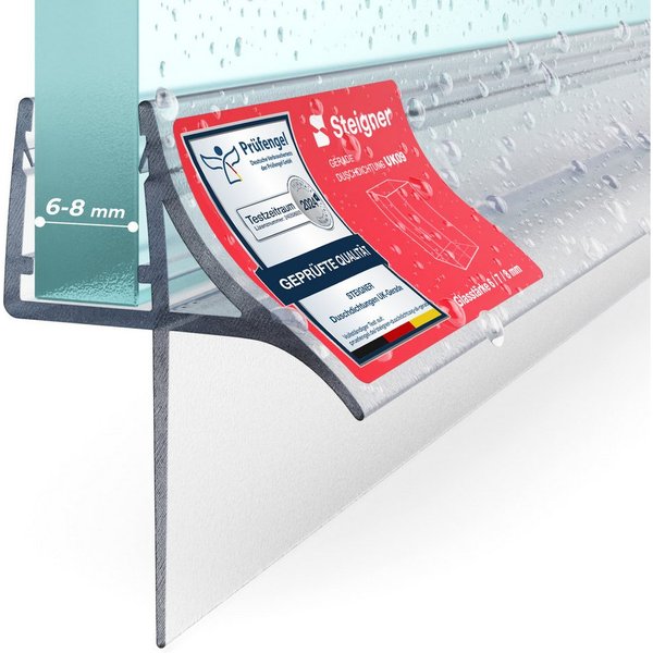 STEIGNER Duschdichtung Duschtürdichtung gerade 30cm UK09 (1 Stk) Transparent 6-8 mm, L: 30 cm, (1 Stück Packung, Einzeldichtung), Dichtung für Eckdusche, Nische