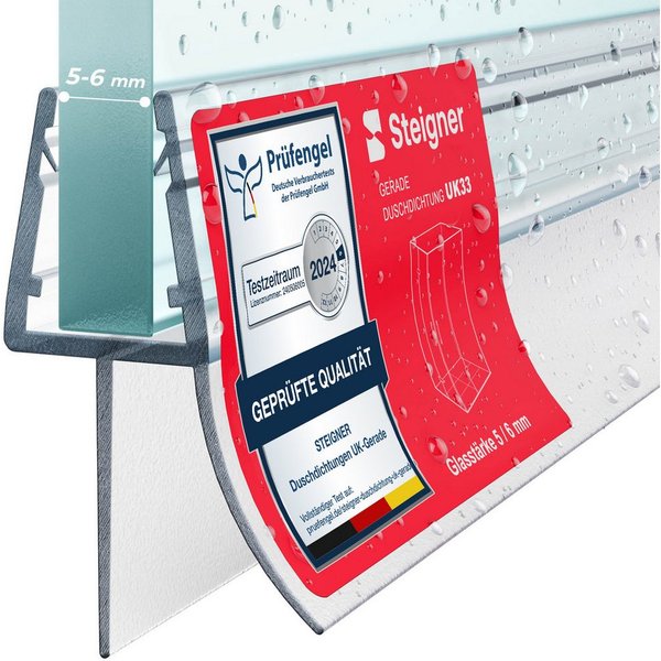 STEIGNER Duschdichtung Duschdichtung Gerade UK33-06 30 cm (1 Stk) Transparent 5-6 mm, L: 30 cm, (1 Stück Packung, Einzeldichtung), Dichtung für Eckeinstieg Dusc