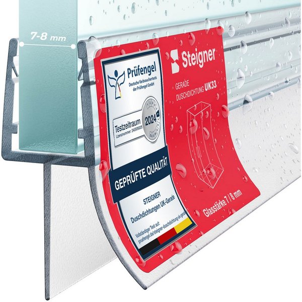STEIGNER Duschdichtung Duschdichtung Gerade UK33-08 30 cm (1 Stk) Transparent 7-8 mm, L: 30 cm, (1 Stück Packung, Einzeldichtung), Dichtung für Eckeinstieg Dusc