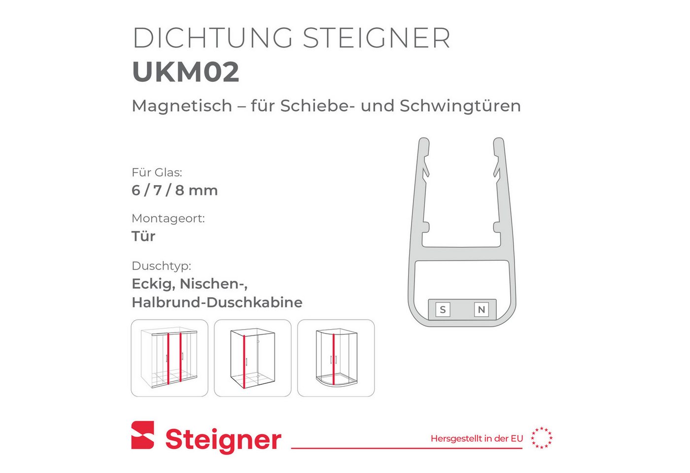 STEIGNER Duschdichtung Magnetduschdichtung UKM02 201 cm (1 Stk) Transparent 6-8 mm, L: 201 cm, (1 Stück Packung, 1-St., Einzeldichtung), Duschdichtung für Eck,  – Bild 2 von 5