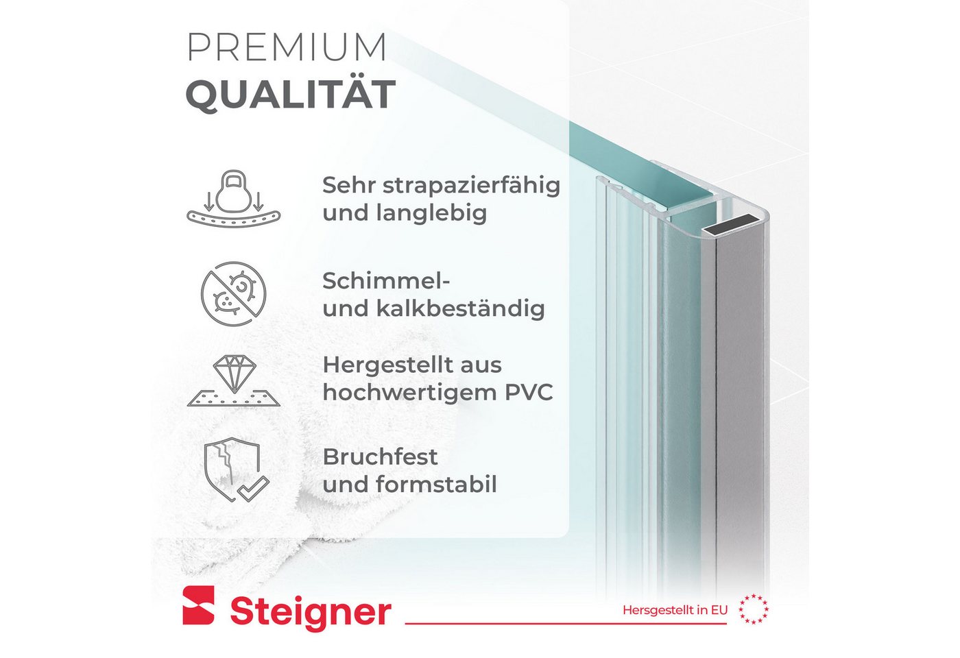 STEIGNER Duschdichtung Magnetduschdichtung UKM02 201 cm (1 Stk) Transparent 6-8 mm, L: 201 cm, (1 Stück Packung, 1-St., Einzeldichtung), Duschdichtung für Eck,  – Bild 3 von 5