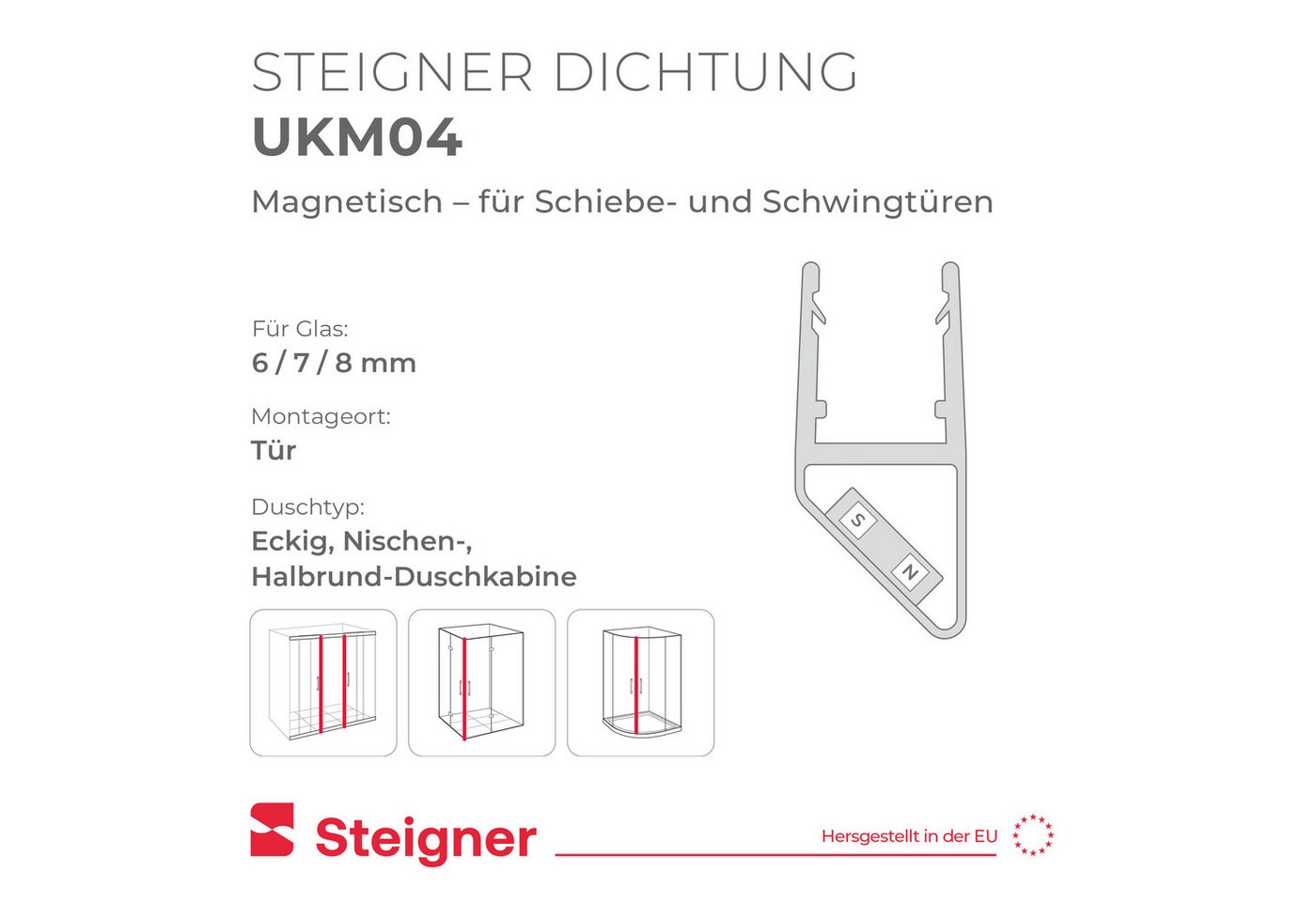 STEIGNER Duschdichtung Magnetduschdichtungen UKM04 201 cm 2 Stk Set 90° Transparent 6-8 mm, L: 201 cm, (2 Stück Packung, 2-St., Einzeldichtung), Duschdichtungen – Bild 2 von 5