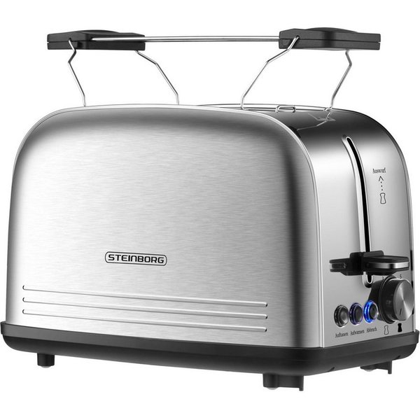 STEINBORG Toaster SB-2071, 2 kurze Schlitze, für 2 Scheiben, 850 W, Edelstahl Gehäuse,Brötchenaufsatz,Krümelschublade