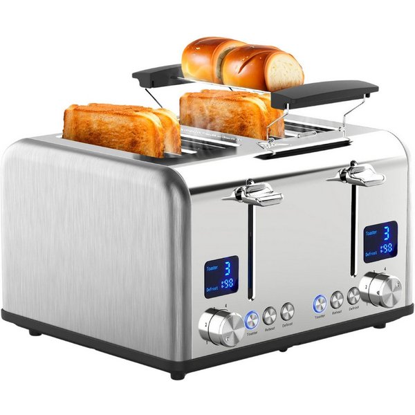 STEINBORG Toaster SB-2080, 4 kurze Schlitze, für 4 Scheiben, 1630 W, Edelstahl Gehäuse,Brötchenaufsatz,Krümelschublade,2xDigitales Display