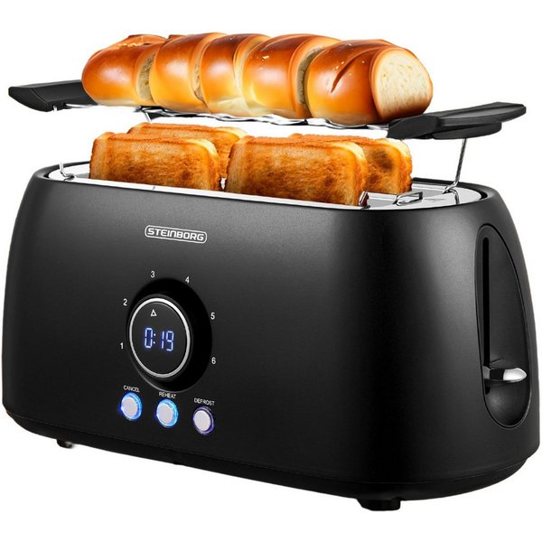 STEINBORG Toaster SB-2212, 2 lange Schlitze, für 4 Scheiben, 1500 W, Edelstahl Gehäuse,Brötchenaufsatz,Krümelschublade,LED Display