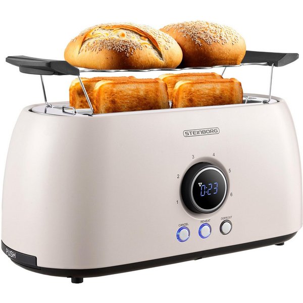 STEINBORG Toaster SB-2214, 2 lange Schlitze, für 4 Scheiben, 1500 W, Edelstahl Gehäuse,Brötchenaufsatz,Krümelschublade,LED Display