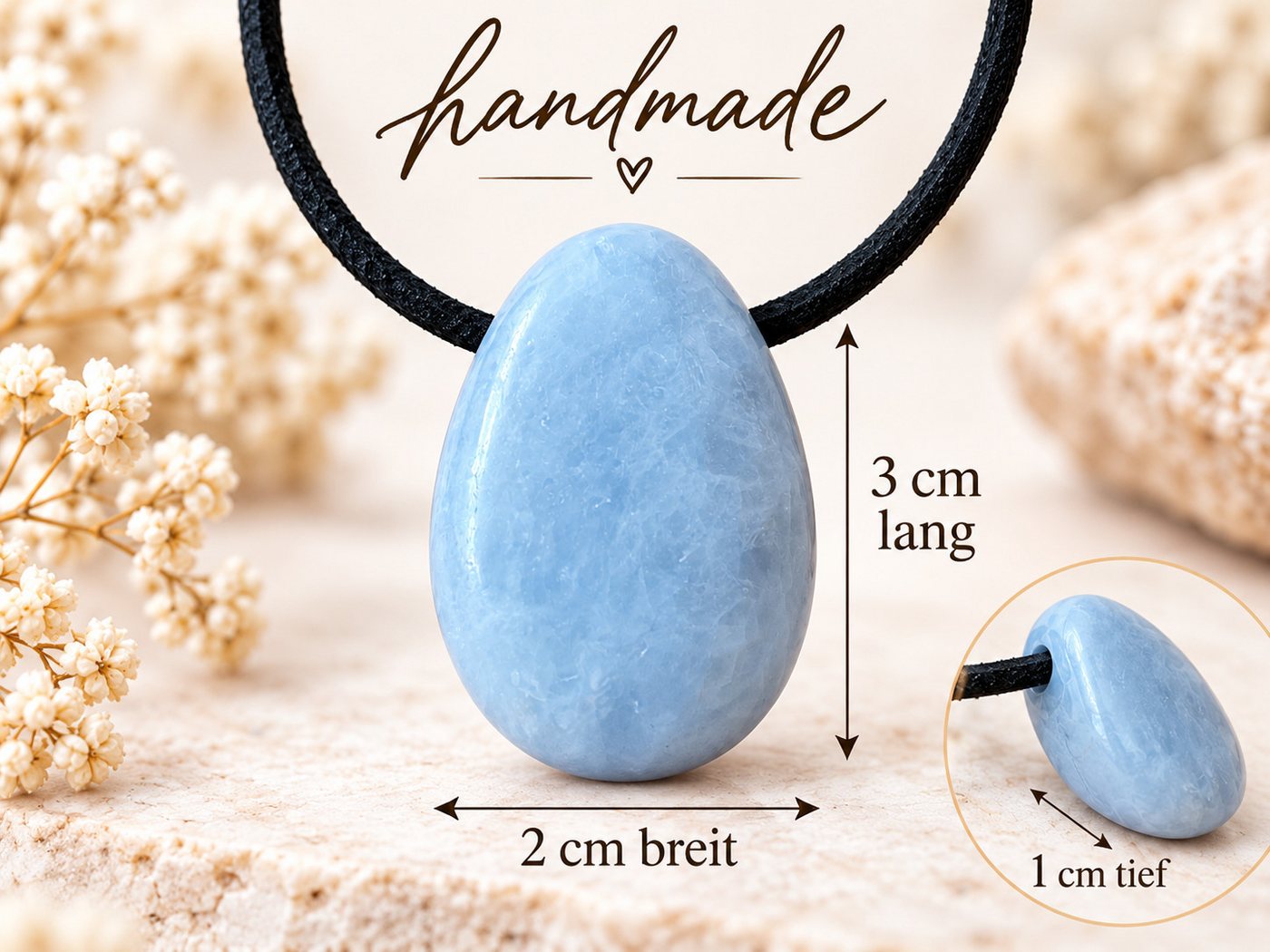 Steinfixx® Amulett Set Edelstein Anhänger aus echtem blauem Calcit, Tropfenanhänger (Blickfang, 1-tlg., Handarbeit, Brasilien), incl. 80 cm Wildlederband, Gesch – Bild 3 von 4