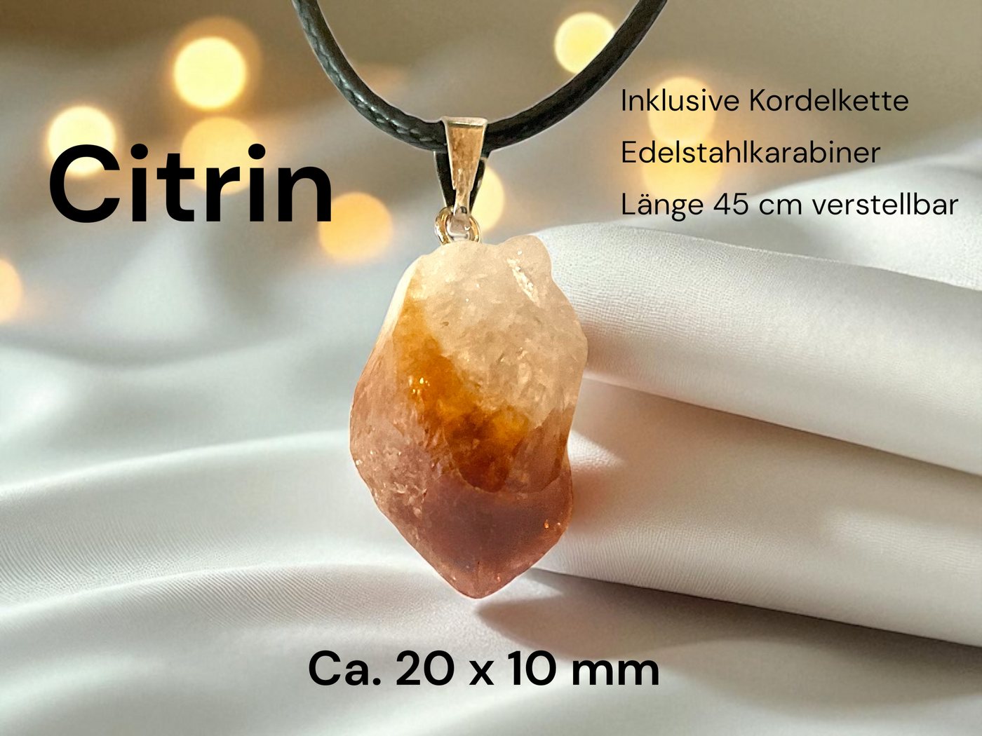 Steinfixx® Amulett Set Edelstein Anhänger aus echtem Citrin, Rohsteinanhänger (AAA-Qualität aus Brasilien, 1-tlg., Brocken I Cluster), incl. 50 cm Kordelkette,  – Bild 2 von 5