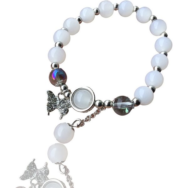 Steinfixx® Armband Echtes Mondstein Perlenarmband mit Angel Aura Perlen (Handgearbeitet in Deutschland, 1-tlg., mit kleinem versilberten Schmetterlinganhänger, 