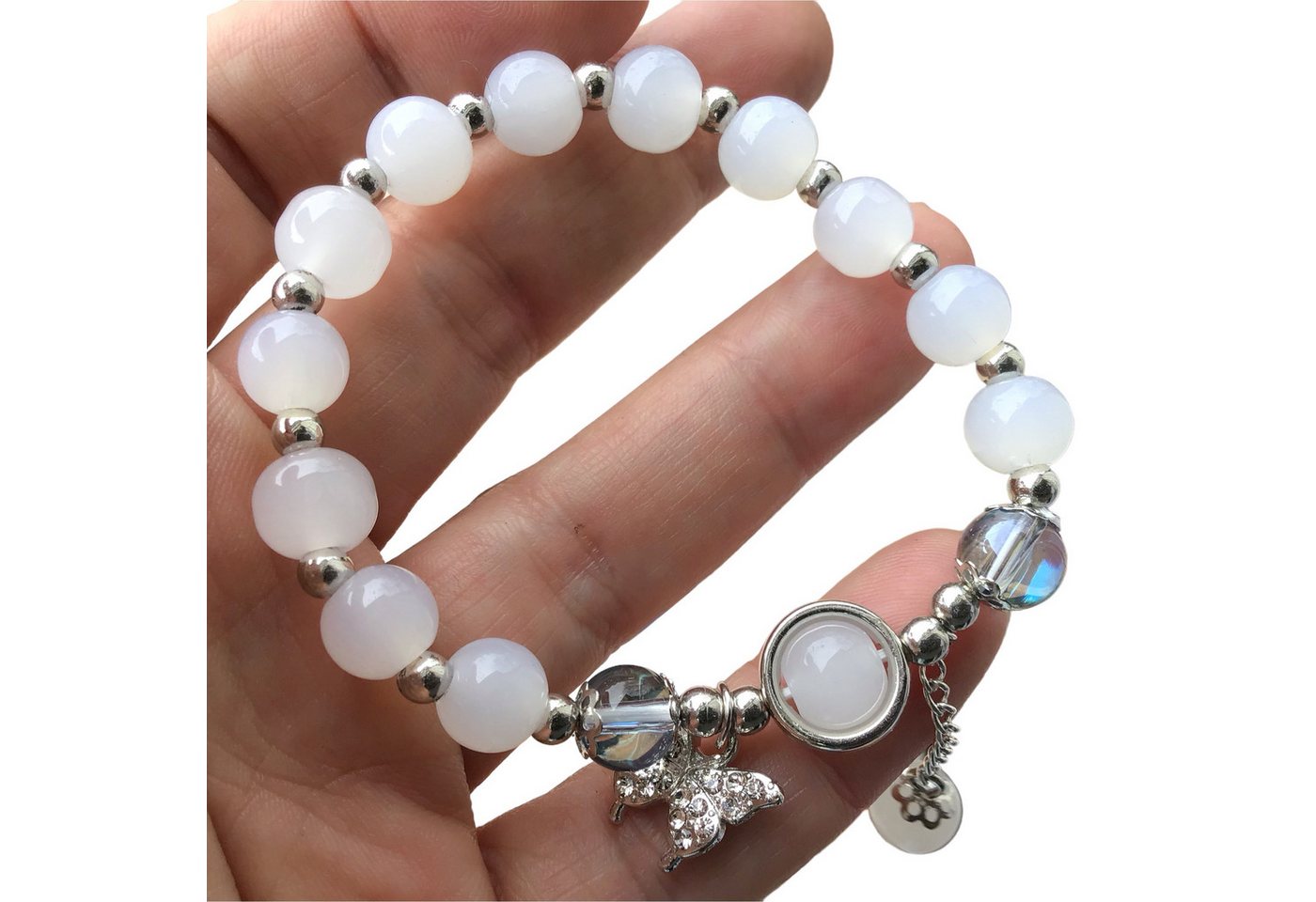 Steinfixx® Armband Echtes Mondstein Perlenarmband mit Angel Aura Perlen (Handgearbeitet in Deutschland, 1-tlg., mit kleinem versilberten Schmetterlinganhänger,  – Bild 2 von 5