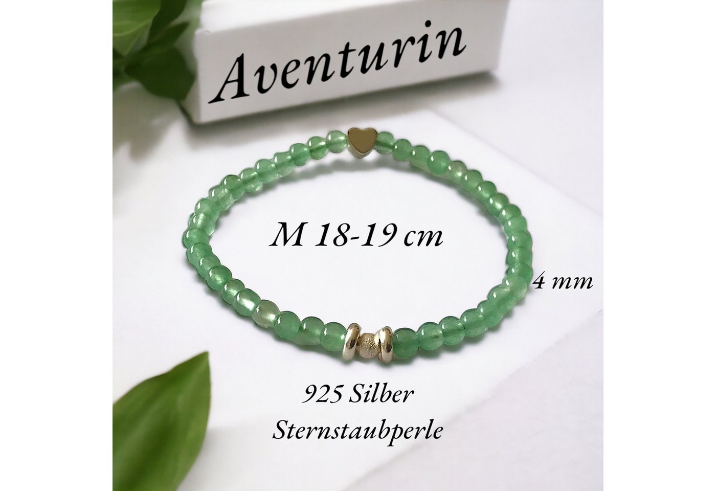 Steinfixx® Perlenarmband Aventurin Perlenarmband 925 Silberperle - Handarbeit (mit entzückendem Silberherzchen, 1-tlg., incl. Edelsteinkarte), AAA-Qualität – Bild 4 von 5