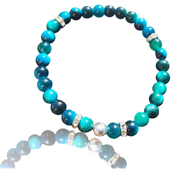 Steinfixx® Perlenarmband Blaues Tigerauge Perlenarmband handgemacht mit 925 Silber Perle (elegant schillernd in blau-türkis, 1-tlg., versilberte Trenner, Handma