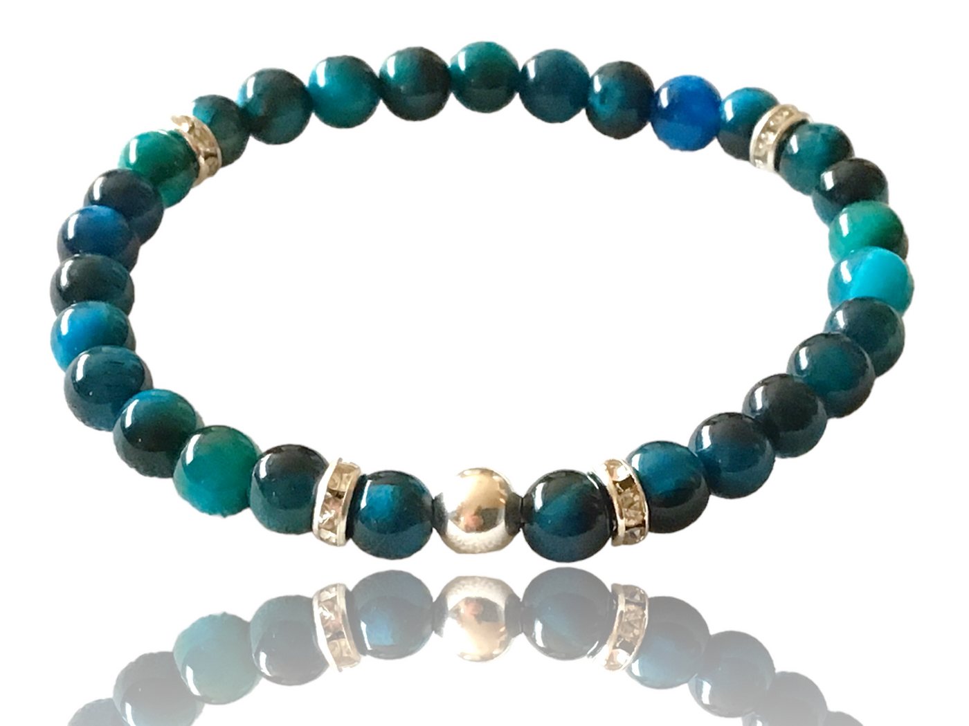 Steinfixx® Perlenarmband Blaues Tigerauge Perlenarmband handgemacht mit 925 Silber Perle (elegant schillernd in blau-türkis, 1-tlg., versilberte Trenner, Handma – Bild 2 von 5