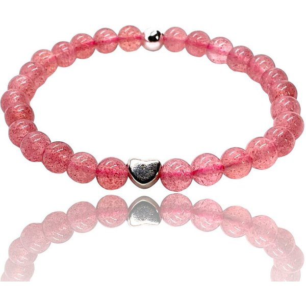 Steinfixx® Perlenarmband Edelstein Erdbeerquarz mit 925 Silberperle und Herz incl. Geschenkbox (4 oder 6 mm, Größe M, 1-tlg., angenehm zu tragen), AAA-Qualität