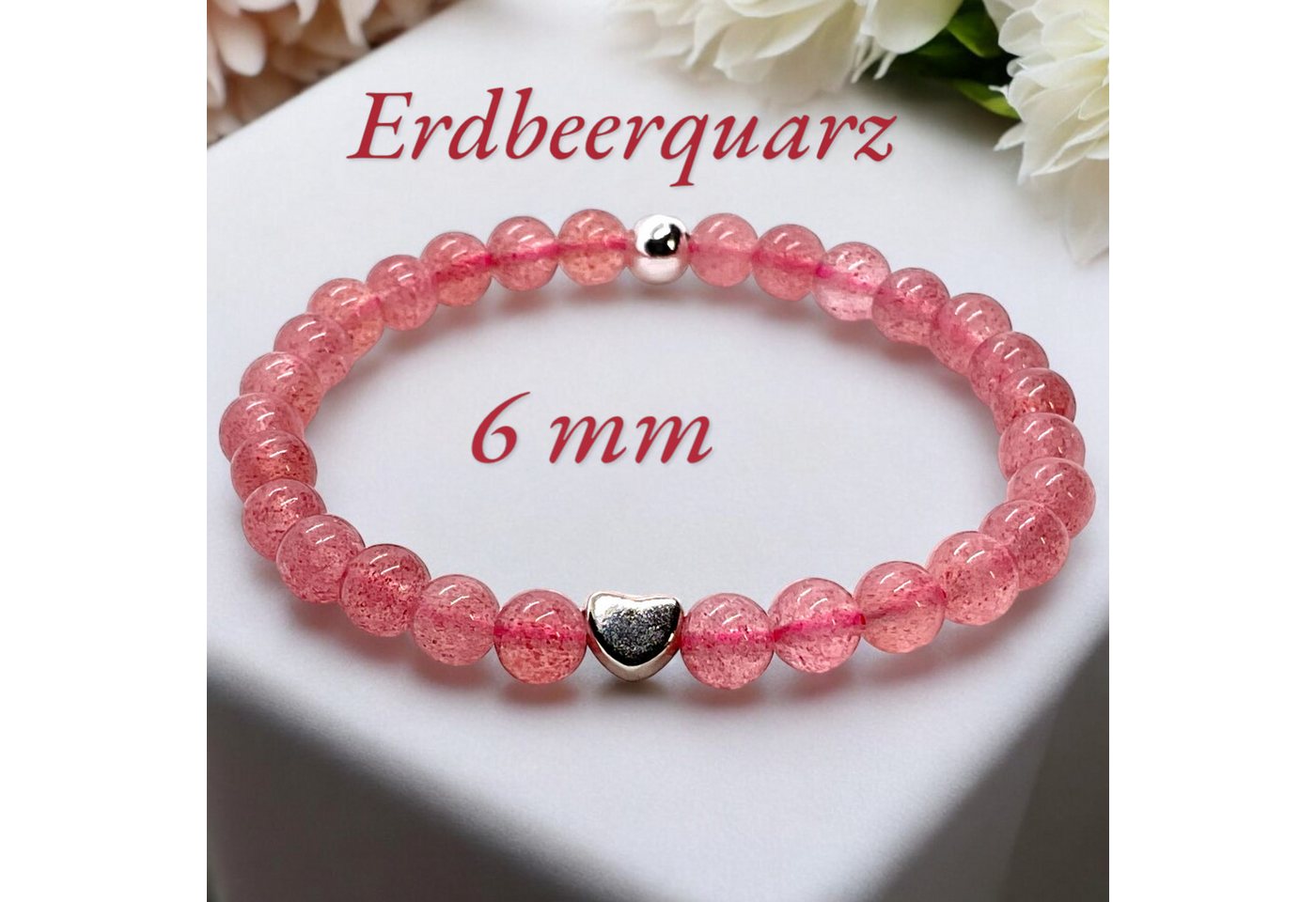 Steinfixx® Perlenarmband Edelstein Erdbeerquarz mit 925 Silberperle und Herz incl. Geschenkbox (4 oder 6 mm, Größe M, 1-tlg., angenehm zu tragen), AAA-Qualität – Bild 2 von 5