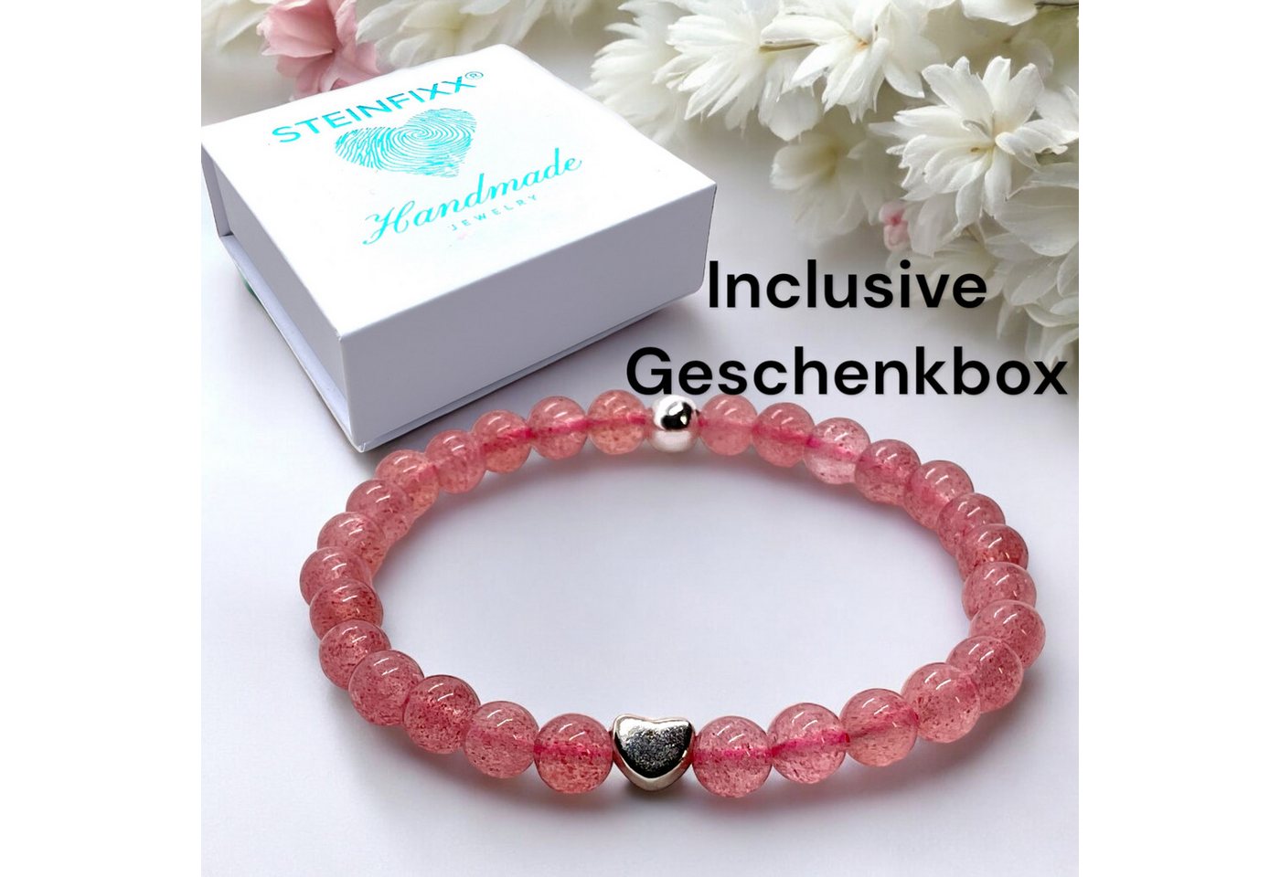Steinfixx® Perlenarmband Edelstein Erdbeerquarz mit 925 Silberperle und Herz incl. Geschenkbox (4 oder 6 mm, Größe M, 1-tlg., angenehm zu tragen), AAA-Qualität – Bild 3 von 5