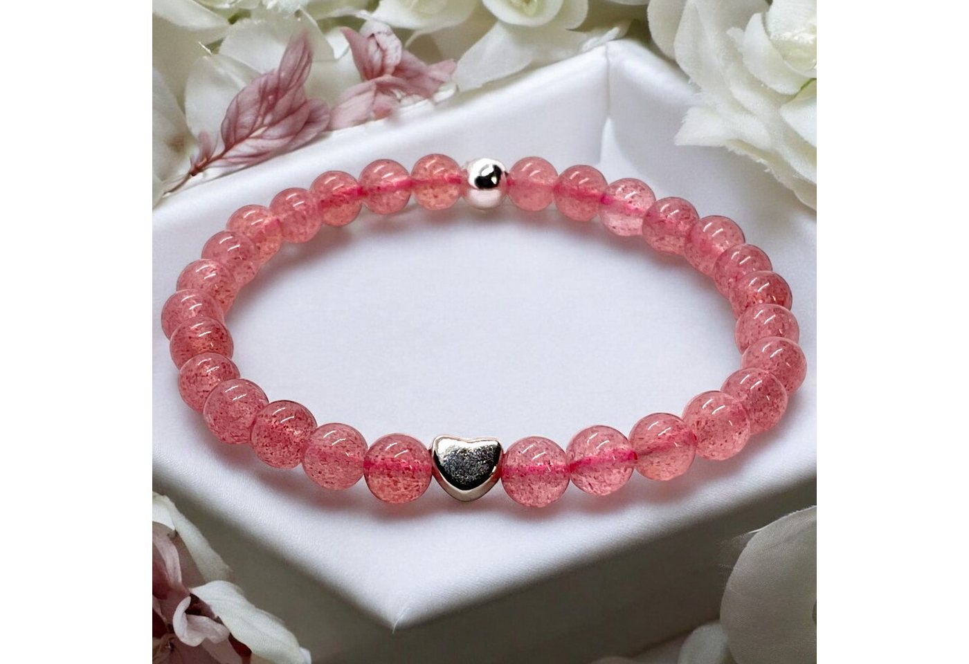 Steinfixx® Perlenarmband Edelstein Erdbeerquarz mit 925 Silberperle und Herz incl. Geschenkbox (4 oder 6 mm, Größe M, 1-tlg., angenehm zu tragen), AAA-Qualität – Bild 4 von 5