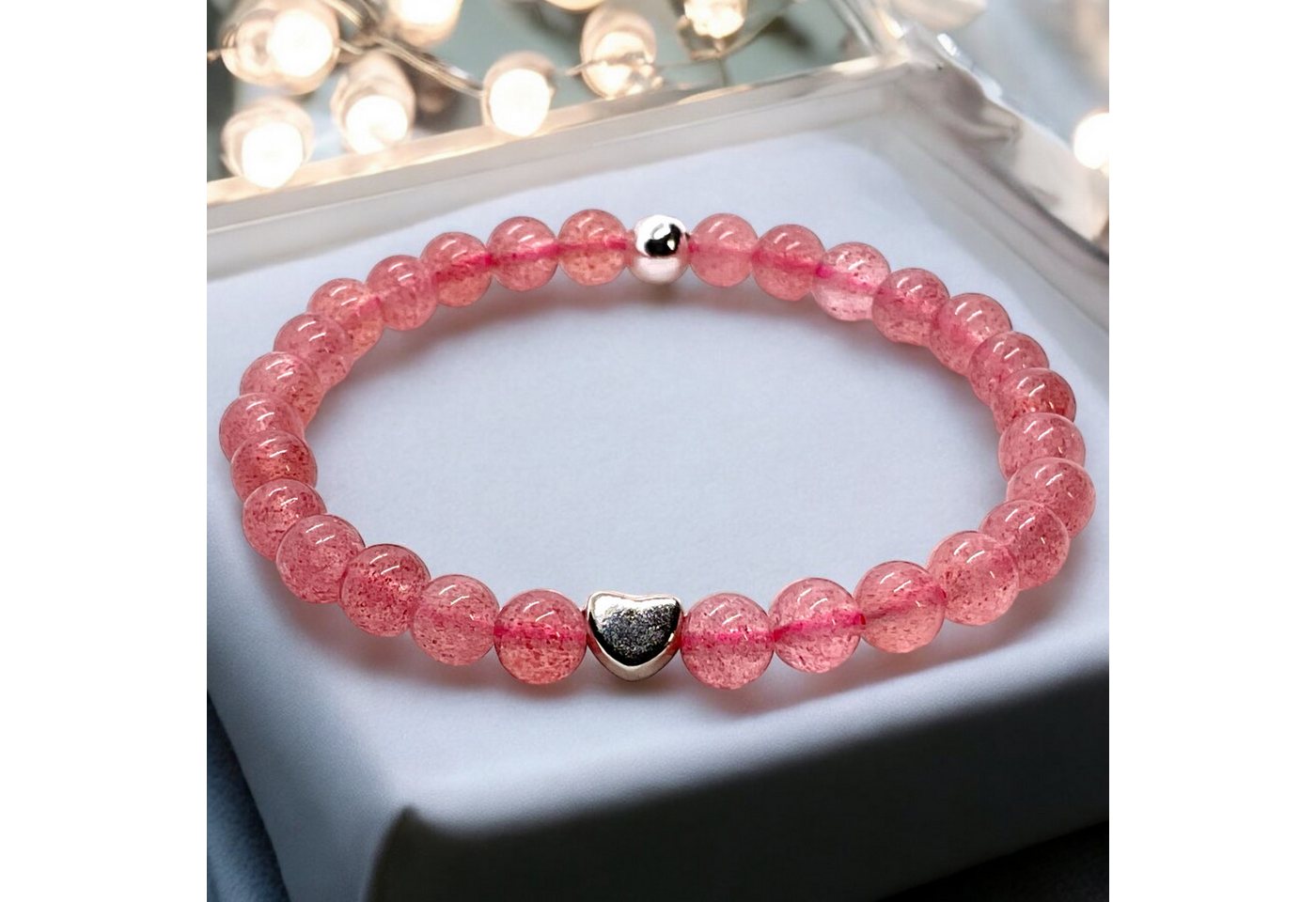 Steinfixx® Perlenarmband Edelstein Erdbeerquarz mit 925 Silberperle und Herz incl. Geschenkbox (4 oder 6 mm, Größe M, 1-tlg., angenehm zu tragen), AAA-Qualität – Bild 5 von 5