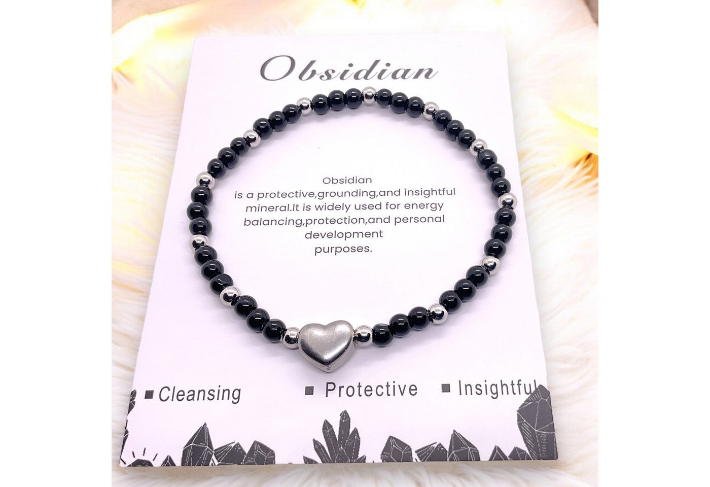 Steinfixx® Perlenarmband Obsidian Armband 4mm mit Edelstahlherz und Geschenkbox (mit 12 Edelstahlperlen je 4mm, 1-tlg., AAA-Qualität), incl. Edelsteinkarte – Bild 2 von 5