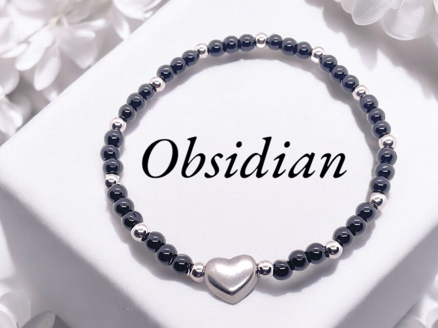 Steinfixx® Perlenarmband Obsidian Armband 4mm mit Edelstahlherz und Geschenkbox (mit 12 Edelstahlperlen je 4mm, 1-tlg., AAA-Qualität), incl. Edelsteinkarte – Bild 3 von 5