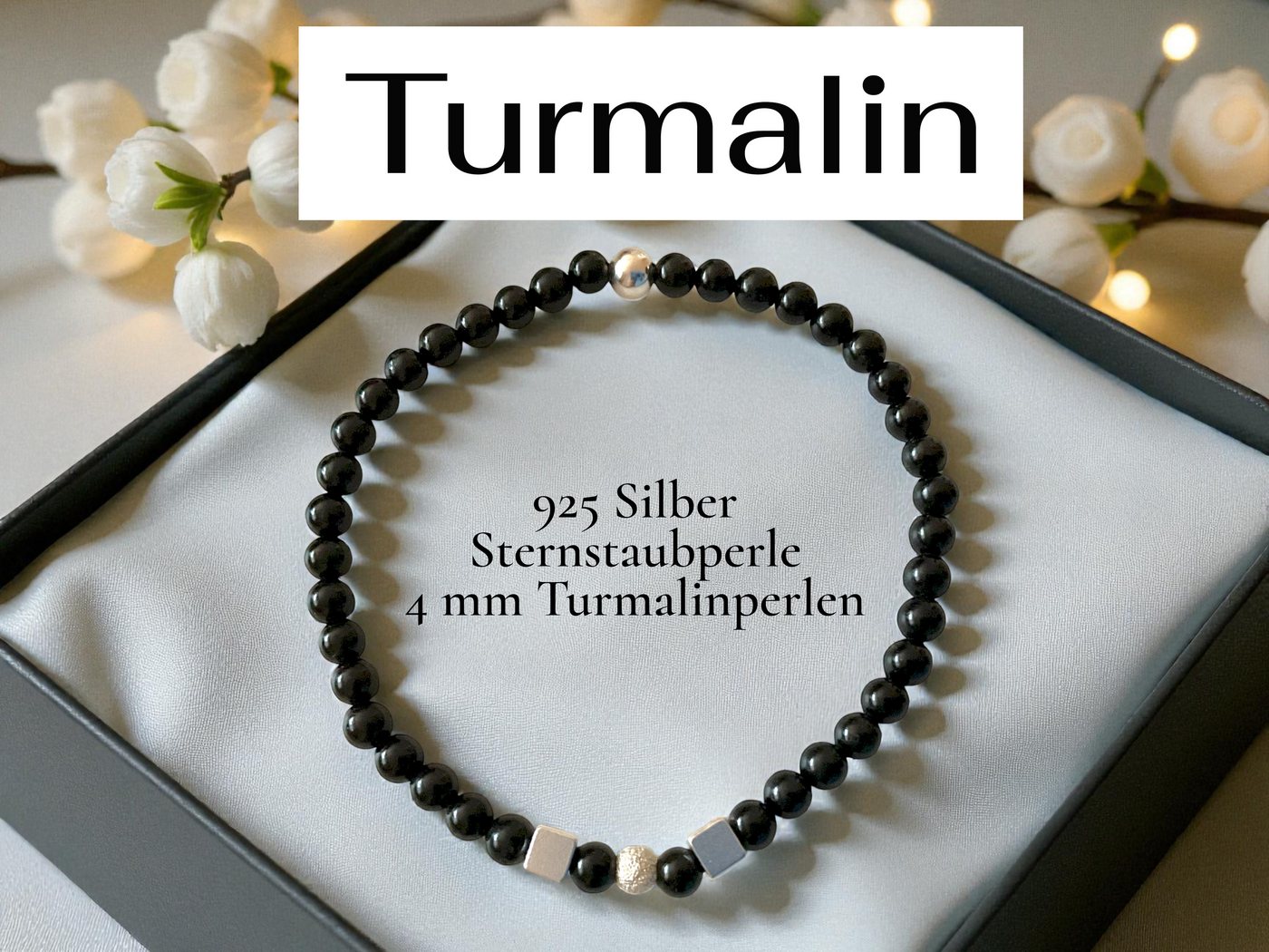 Steinfixx® Perlenarmband schwarzer Turmalin mit 925 Silber, handgefertigt in Deutschland (Lieferung in edler Geschenkbox, AAA-Qualität aus Brasilien), wahlweise – Bild 3 von 5