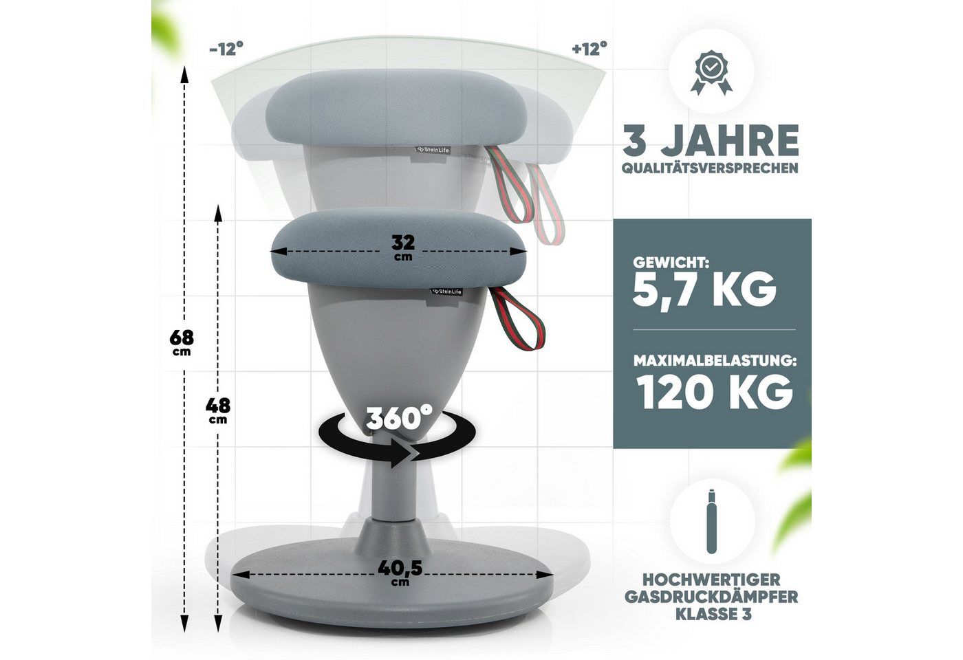 Steinlife Arbeitshocker Ergonomischer Bürohocker [Aktives Sitzen, Gesunde Haltung] (Sitzhocker Höhenverstellbar [48-68cm] Ergonomischer Hocker für Büro [Schwing – Bild 2 von 5