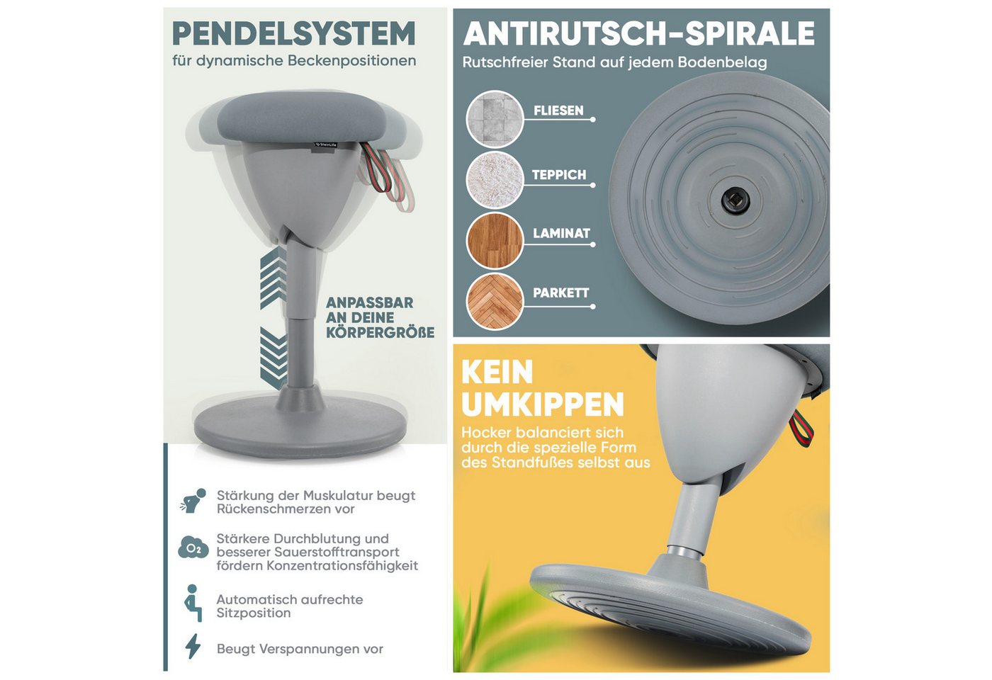 Steinlife Arbeitshocker Ergonomischer Bürohocker [Aktives Sitzen, Gesunde Haltung] (Sitzhocker Höhenverstellbar [48-68cm] Ergonomischer Hocker für Büro [Schwing – Bild 3 von 5