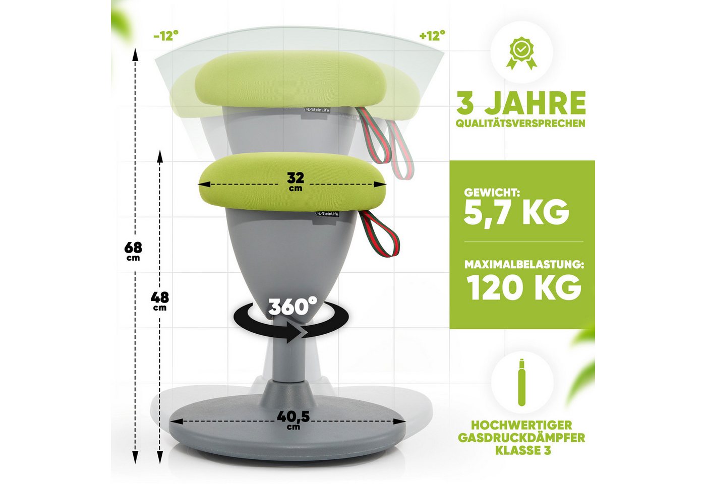 Steinlife Arbeitshocker Ergonomischer Bürohocker [Aktives Sitzen, Gesunde Haltung] (Sitzhocker Höhenverstellbar [48-68cm] Ergonomischer Hocker für Büro [Schwing – Bild 2 von 5