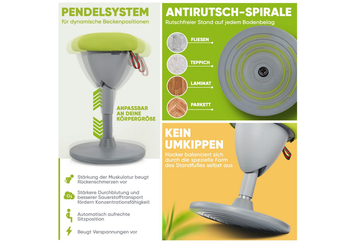 Steinlife Arbeitshocker Ergonomischer Bürohocker [Aktives Sitzen, Gesunde Haltung] (Sitzhocker Höhenverstellbar [48-68cm] Ergonomischer Hocker für Büro [Schwing – Bild 3 von 5