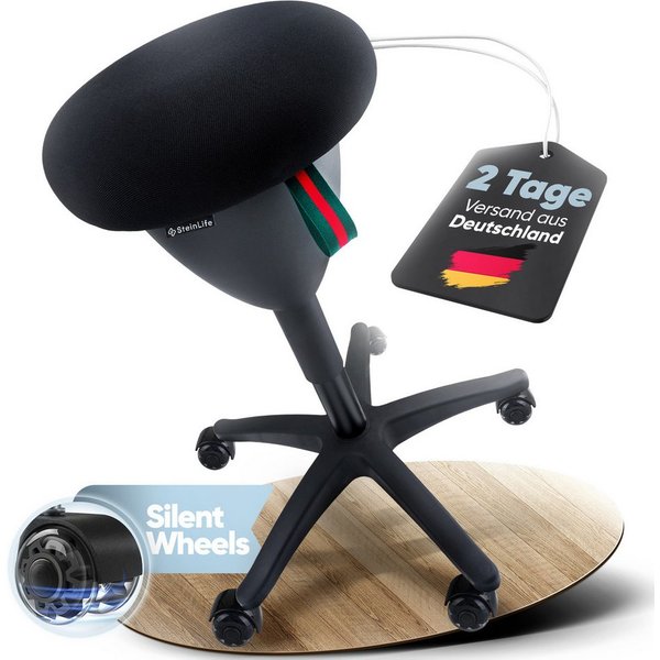 Steinlife Arbeitshocker Ergonomischer Bürohocker [Aktives Sitzen, Gesunde Haltung] (Rollhocker mit Kratzerfreien Rollen, Höhenverstellbar [53-73cm] Ergonomische