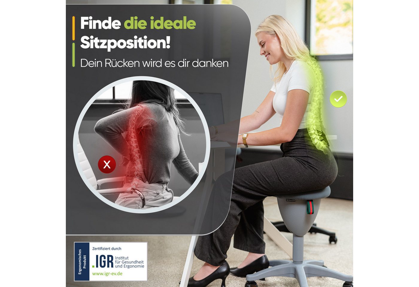 Steinlife Arbeitshocker Ergonomischer Bürohocker [Aktives Sitzen, Gesunde Haltung] (Rollhocker mit Kratzerfreien Rollen, Höhenverstellbar [53-73cm] Ergonomische – Bild 2 von 5