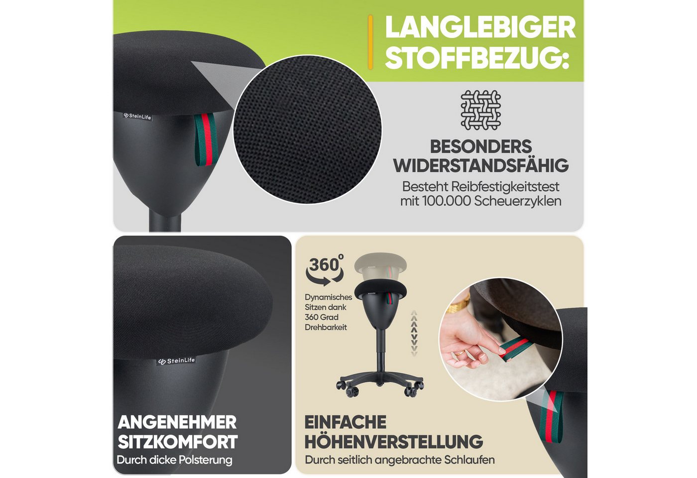 Steinlife Arbeitshocker Ergonomischer Bürohocker [Aktives Sitzen, Gesunde Haltung] (Rollhocker mit Kratzerfreien Rollen, Höhenverstellbar [53-73cm] Ergonomische – Bild 5 von 5