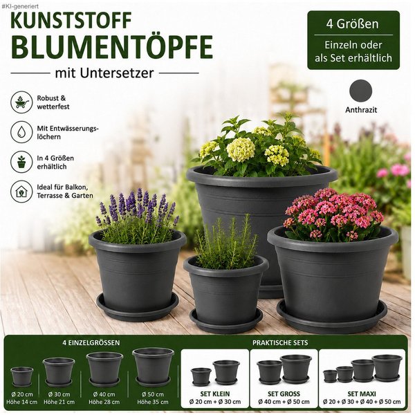 steinwohn Blumentopf mit Untersetzer - Kunststoff -, Runde Pflanzkübel für Balkon, Terrasse & Garten