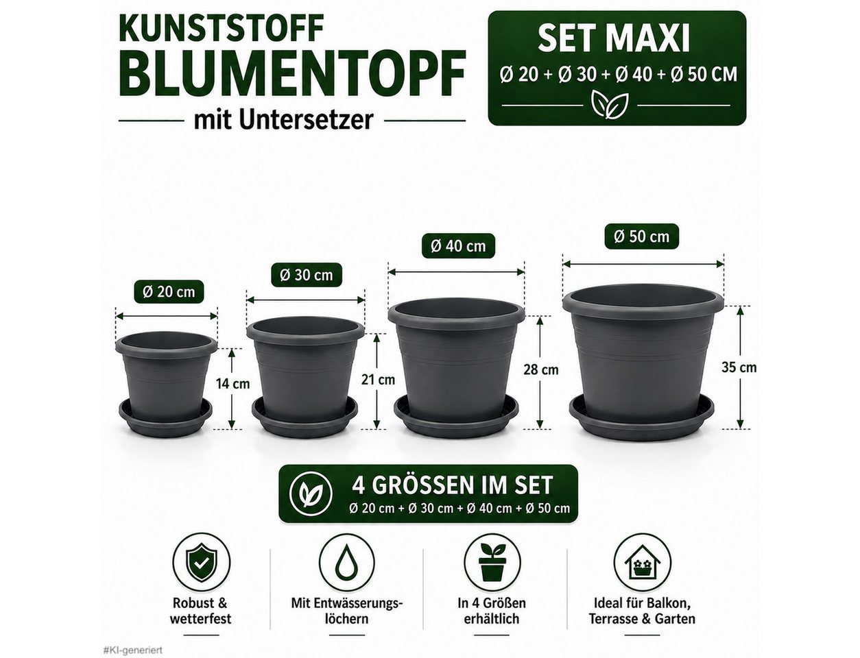 steinwohn Blumentopf mit Untersetzer - Kunststoff -, Runde Pflanzkübel für Balkon, Terrasse & Garten – Bild 2 von 5